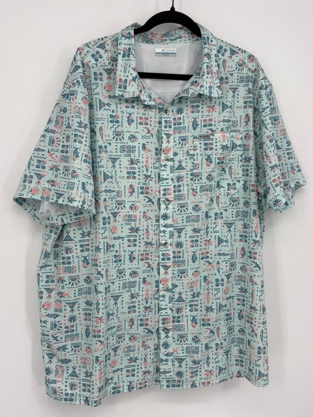 COLUMBIA PFG Shirt Light Aqua Short-Sleeve Teal and Coral Print Men’s XXL